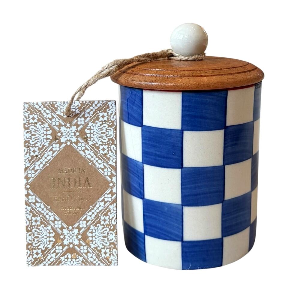 Hand Painted Checkered Ceramic Canister w/ Wood Lid Made in India Blue White NEW